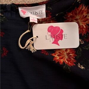 L'ATISTE Navy and Red Floral 2 piece shorts and cropped blouse